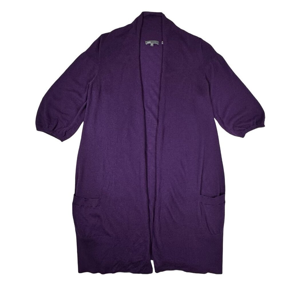 Vince Womens Cashmere Cardigan Sz M Purple Open Front Longline Preppy Classic